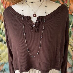 Urban Outfitters Chocolate Brown Ribbed Henley Long Sleeve Top
